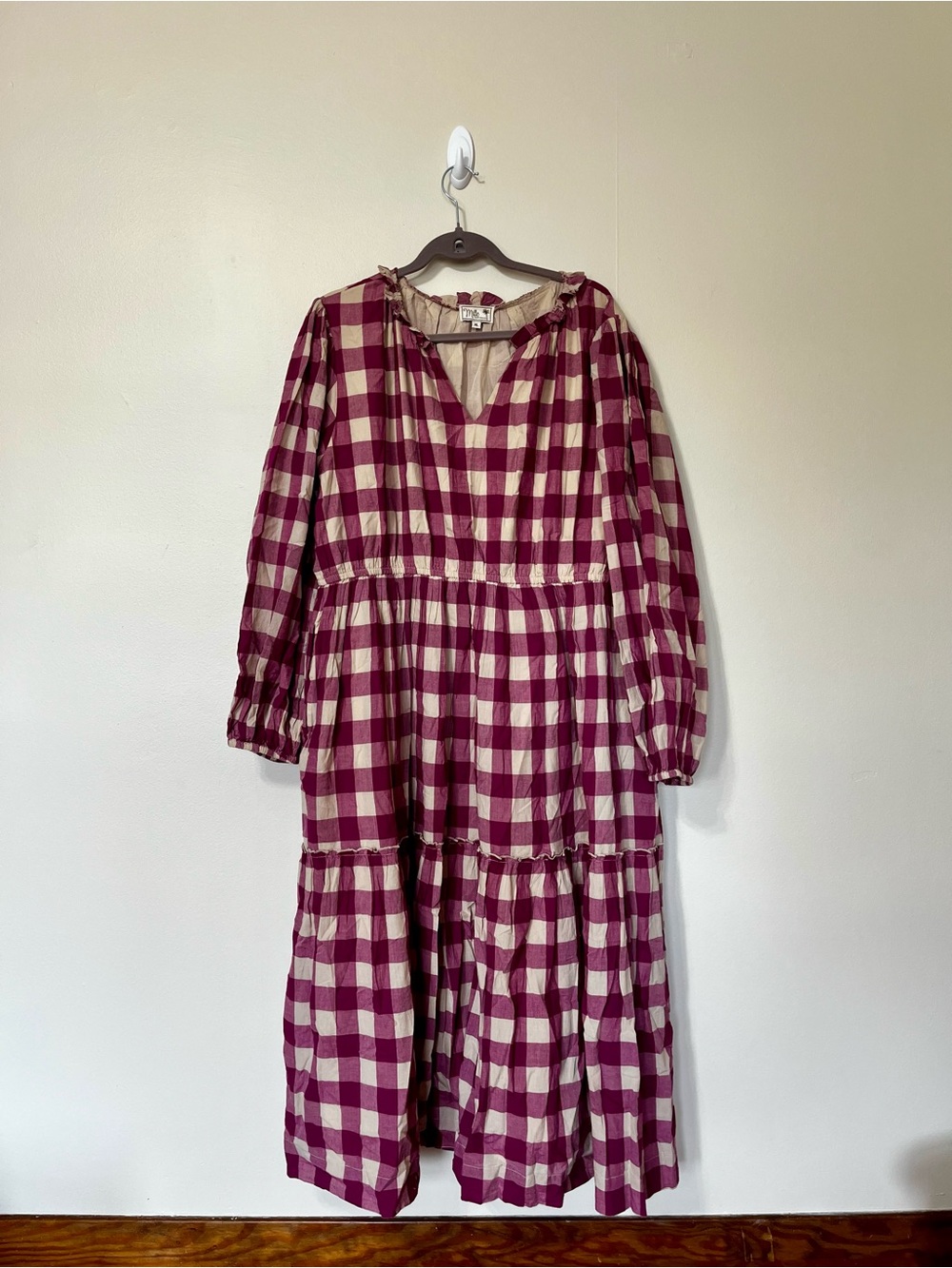 Anthropologie Pink and Cream Gingham Midi Dress with Waist Tie - Picture 2 of 5